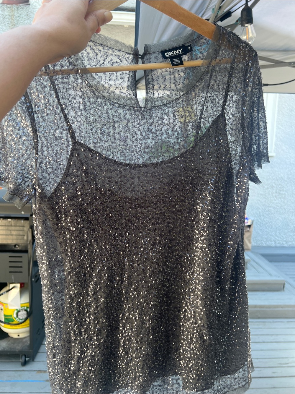 DKNY  vintage Grey Sequin Mesh Overlay Tank Top
